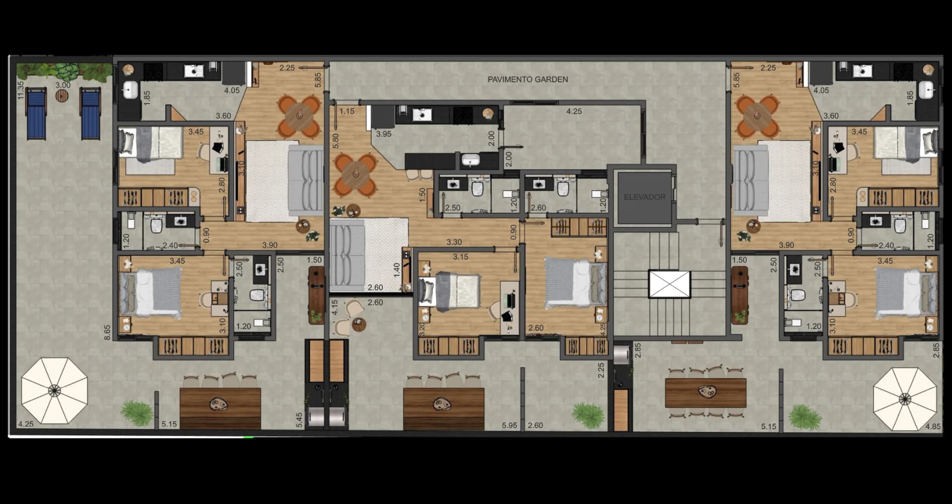 Planta baixa humanizada das coberturas duplex de 129 m², Residencial Gênova, Bandeirantes, Juiz de Fora, Residencial Gênova, Bandeirantes, Juiz de Fora
