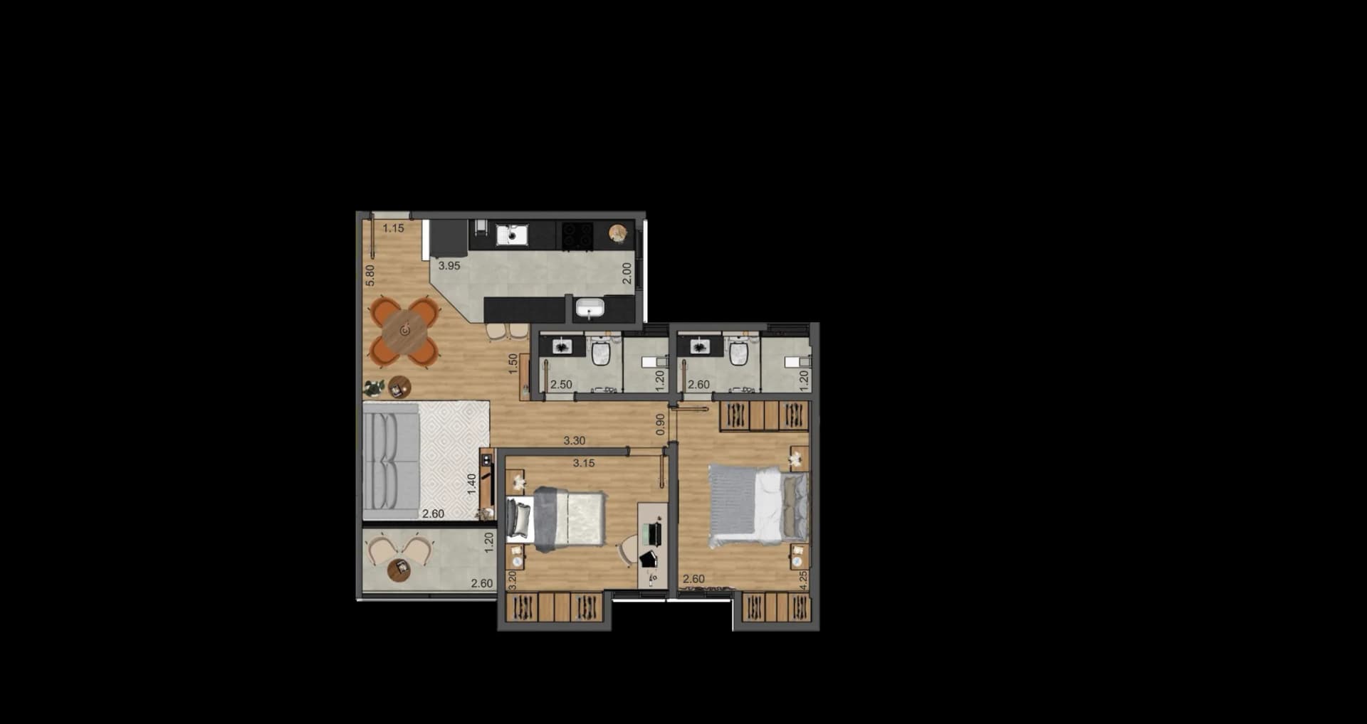 Planta baixa humanizada dos gardens de 106 m², Residencial Gênova, Bandeirantes, Juiz de Fora, Residencial Gênova, Bandeirantes, Juiz de Fora