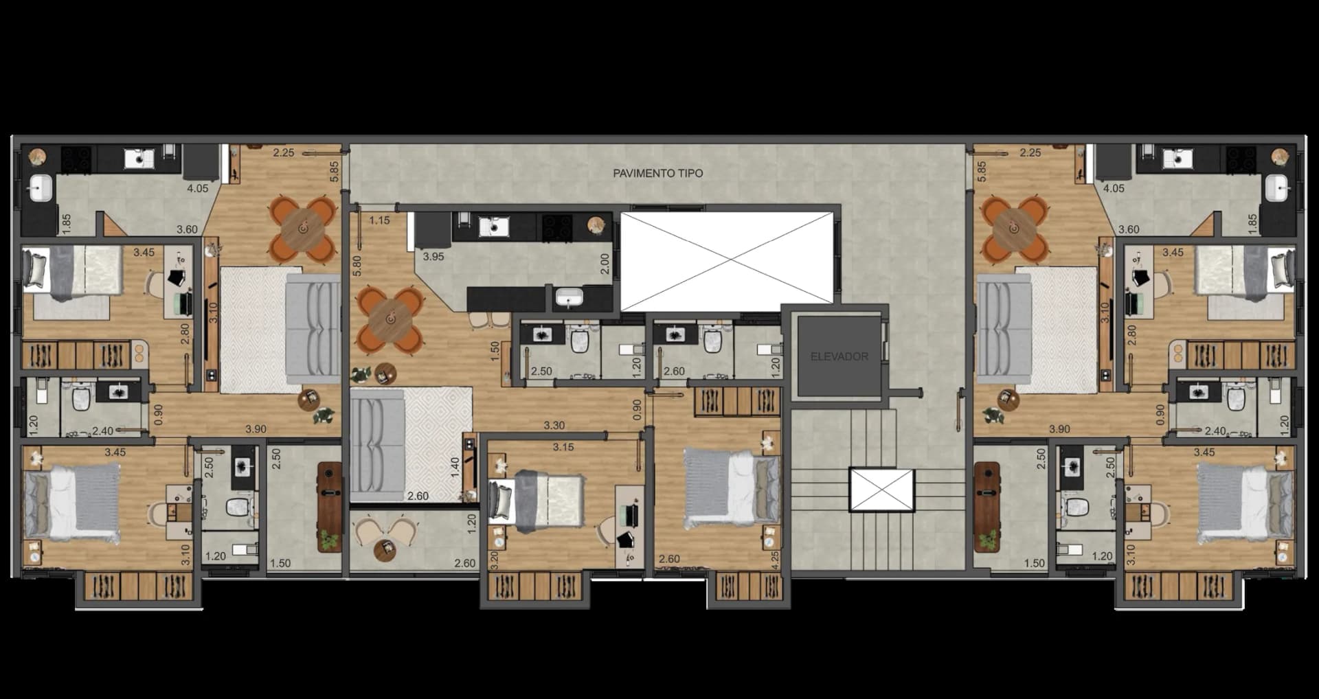 Planta baixa humanizada do pavimento tipo, apartamentos de 60 m², Residencial Gênova, Bandeirantes, Juiz de Fora, Residencial Gênova, Bandeirantes, Juiz de Fora